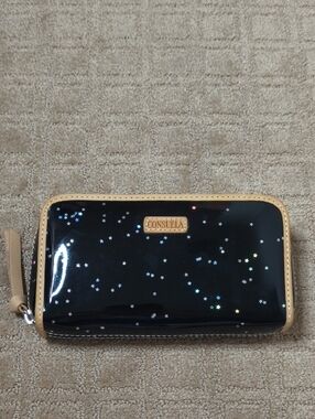 Consuela Black Star Patent Zip Wallet with Tan Trim Accents